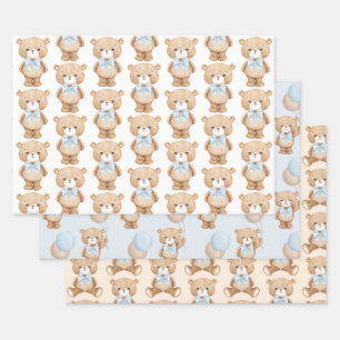 Blue Teddy Bear with Balloon Baby Boy 1st Birthday Wrapping Paper Sheet