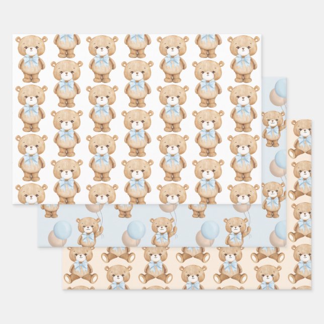 Blue Teddy Bear with Balloon Baby Boy 1st Birthday Wrapping Paper Sheet (Set)