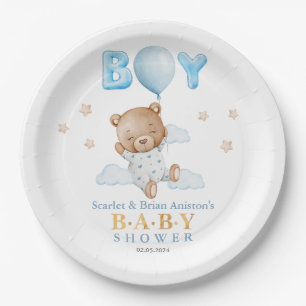 Blue Teddy Bear with Balloon Baby Shower Paper Plate