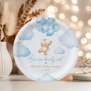 Blue teddy bear with balloons baby shower paper plate