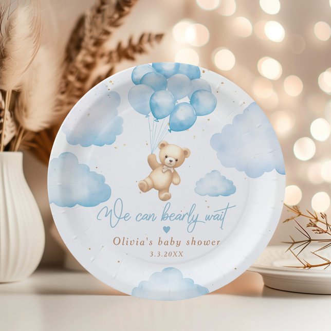 Blue teddy bear with balloons baby shower paper plate (Creator Uploaded)