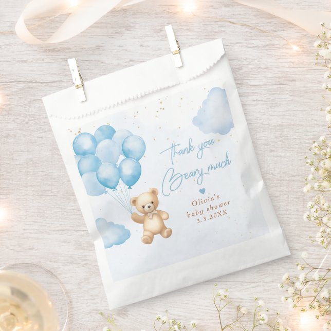 Blue teddy bear with balloons Thank you card Favour Bags (Clipped)