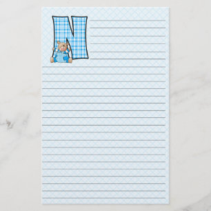 Blue Teddy Bear with Letter N Plaid Lined Stationery