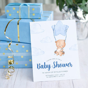 Blue Teddy Bear with Star Balloon Boy Baby Shower Invitation