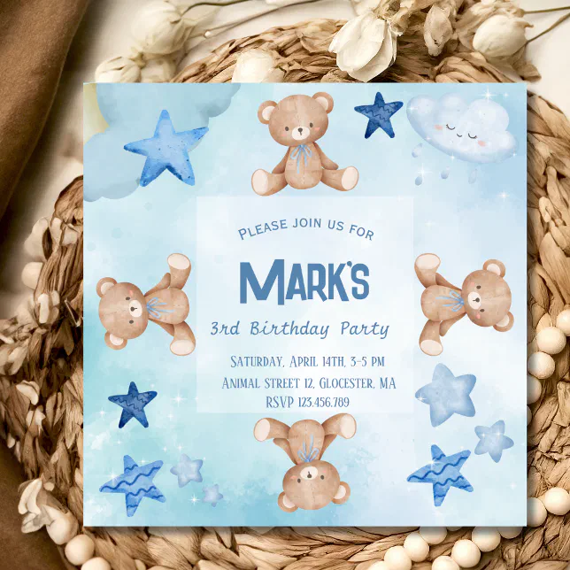 Blue teddy bears cute Birthday Party Invitation | Zazzle