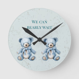 Blue Teddy Bears Twin Baby Shower Round Clock