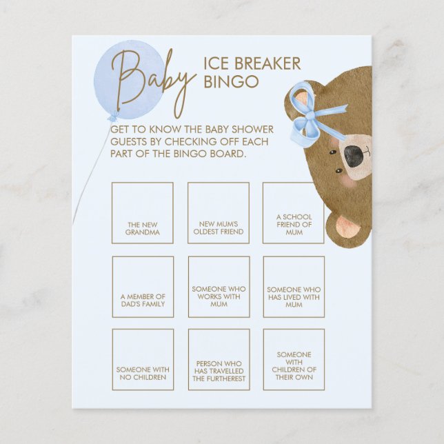 Blue Teddy Can Bearly Wait Baby Ice Breaker Bingo (Front)