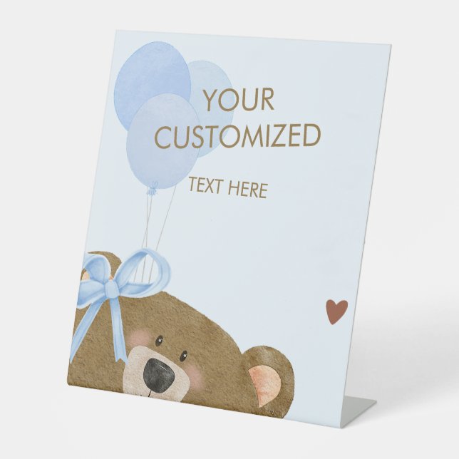 Blue Teddy Can Bearly Wait Baby Shower Customised Pedestal Sign (Front)