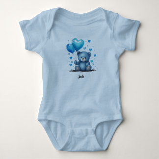 Blue Teddy Heart Balloons Personalise Baby Name Bodysuit