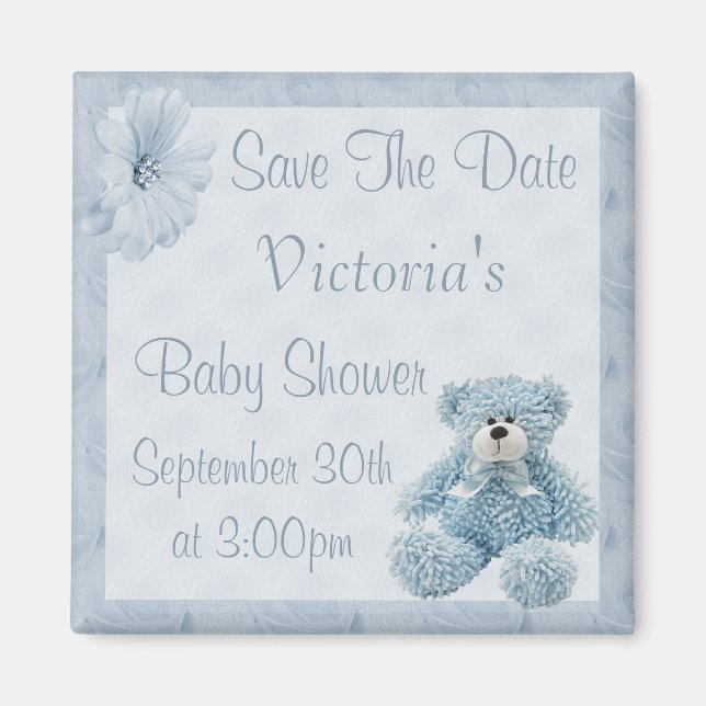 Blue Teddy Save the Date Boy Baby Shower Magnet (Front)