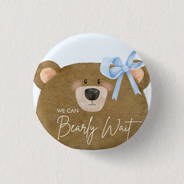 Blue Teddy We Can Bearly Wait Boy Baby Shower 3 Cm Round Badge (Front)