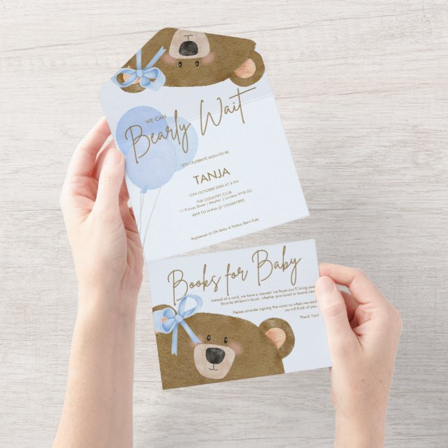 Blue Teddy We Can Bearly Wait Boy Baby Shower All In One Invitation (Tearaway)