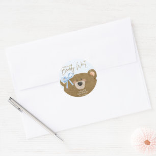 Blue Teddy We Can Bearly Wait Boy Baby Shower Classic Round Sticker