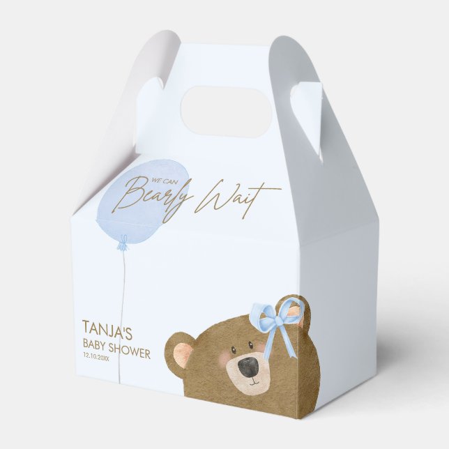 Blue Teddy We Can Bearly Wait Boy Baby Shower Favour Box (Front Side)