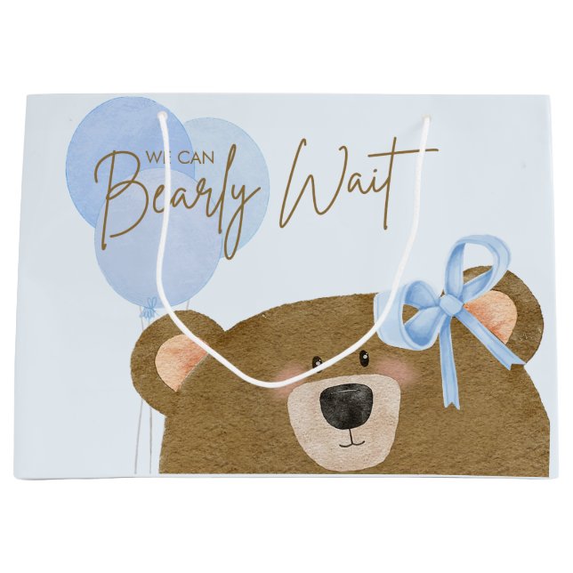 Blue Teddy We Can Bearly Wait Boy Baby Shower Large Gift Bag (Front)