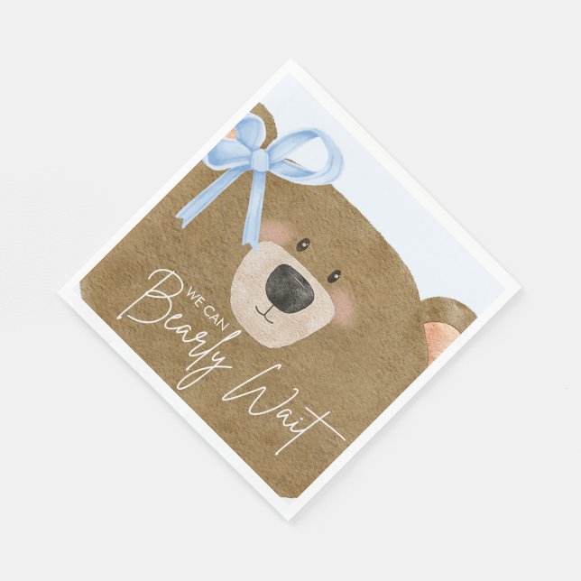 Blue Teddy We Can Bearly Wait Boy Baby Shower Napkin (Corner)