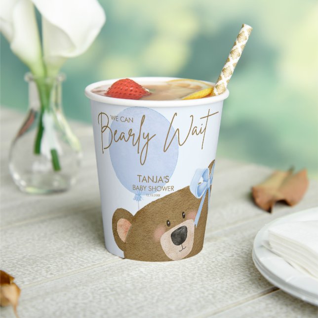 Blue Teddy We Can Bearly Wait Boy Baby Shower Paper Cups (Insitu)