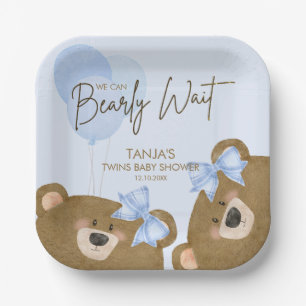 Blue Teddy We Can Bearly Wait Boy Baby Shower Paper Plate