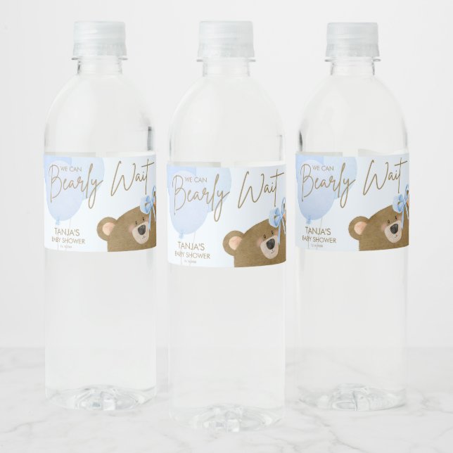 Blue Teddy We Can Bearly Wait Boy Baby Shower Water Bottle Label (Bottles)