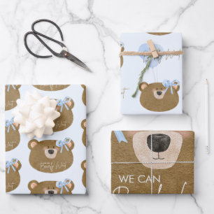Blue Teddy We Can Bearly Wait Boy Baby Shower Wrapping Paper Sheet