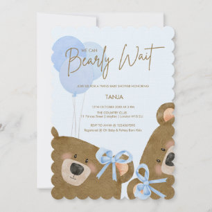 Blue Teddy We Can Bearly Wait Twins Baby Shower Invitation