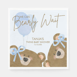 Blue Teddy We Can Bearly Wait Twins Baby Shower Napkin