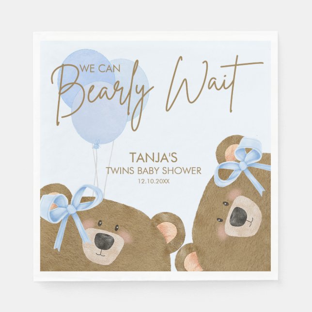 Blue Teddy We Can Bearly Wait Twins Baby Shower Napkin (Front)