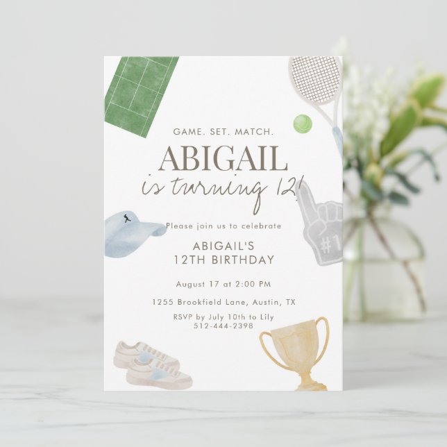 Blue Tennis 12th Birthday Party for Girls Athletic Invitation (Standing Front)