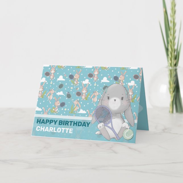 Blue tennis bunny customisable card (Front)