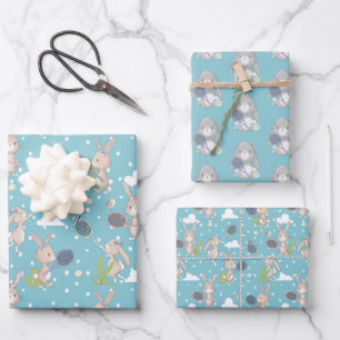 Blue tennis bunny customisable wrapping paper sheet