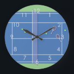 Blue Tennis Court Modern Tennis Player     Large Clock<br><div class="desc">Personalized classic tennis court design in blue with classic, chic, preppy & elegant tennis rackets and green tennis balls. Simple, minimalist gift for your tennis coach or tennis team. Personalized Gift for a tennis player. Blue tennis court illustration. Trendy tennis players home decor. Trendy modern tennis player gifts. Cool retro...</div>