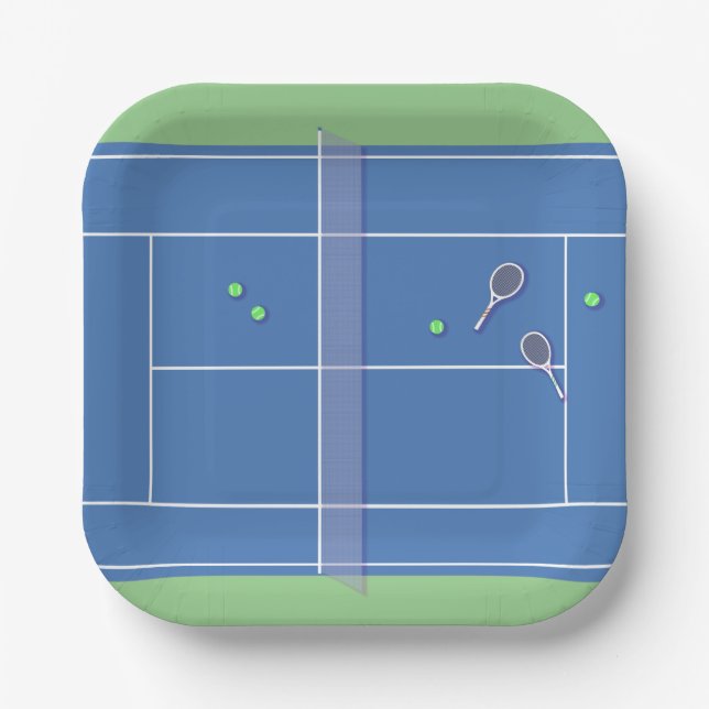 Blue Tennis Court Modern Tennis Player      Paper Plate (Front)