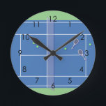 Blue Tennis Court Modern Tennis Player      Round Clock<br><div class="desc">Personalised classic tennis court design in blue with classic, chic, preppy & elegant tennis rackets and green tennis balls. Simple, minimalist gift for your tennis coach or tennis team. Personalised Gift for a tennis player. Blue tennis court illustration. Trendy tennis players home decor. Trendy modern tennis player gifts. Cool retro...</div>