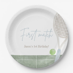 Blue Tennis First Birthday Boy Preppy Classic Paper Plate