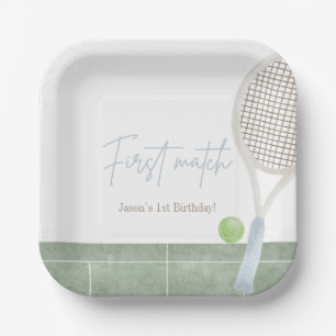 Blue Tennis First Birthday Boy Preppy Classic Paper Plate