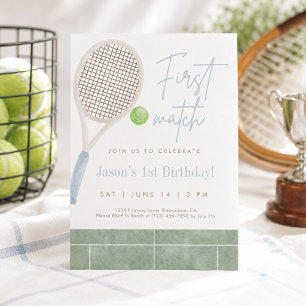 Blue Tennis First Birthday Party Invitation