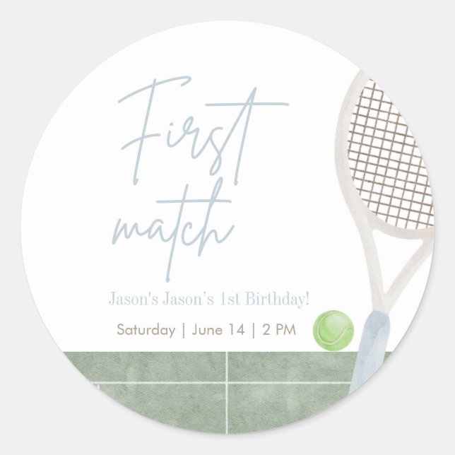 Blue Tennis First Birthday Preppy Boy Party Round Classic Round Sticker (Front)