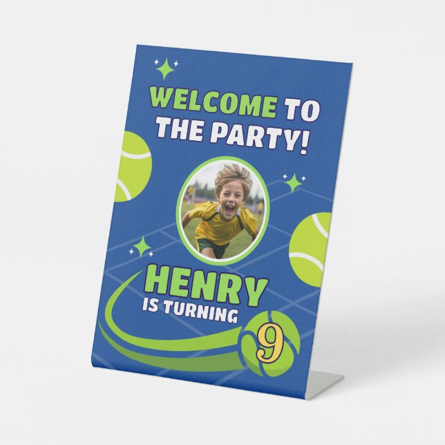 Blue Tennis Kids Birthday Welcome Party Pedestal Sign (Front)