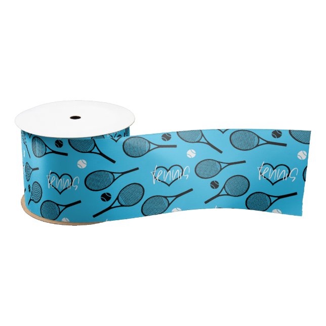 Blue Tennis Party 2, tennis pattern Satin Ribbon (Spool)