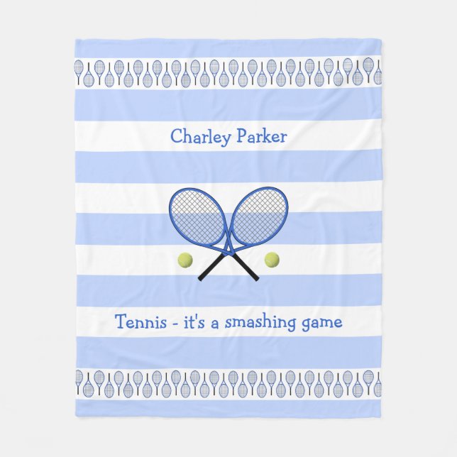 Blue tennis quote personalised striped fleece blanket (Front)