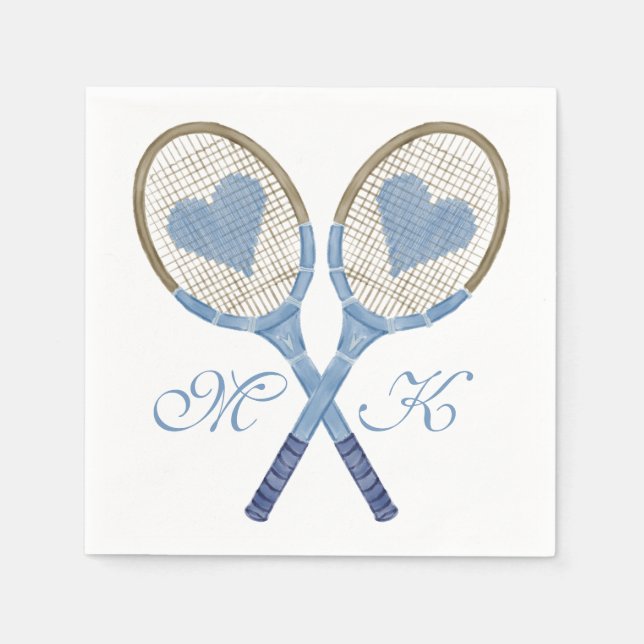 Blue Tennis Rackets With Hearts Paper Napkins (Front)