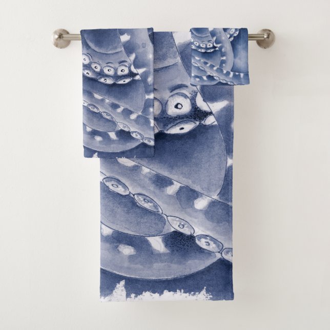 Blue Tentacles Monochrome Bath Towel Set (Insitu)