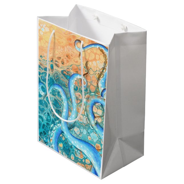 Blue Tentacles Octopus Kraken Abstract Teal Ink Medium Gift Bag (Back Angled)
