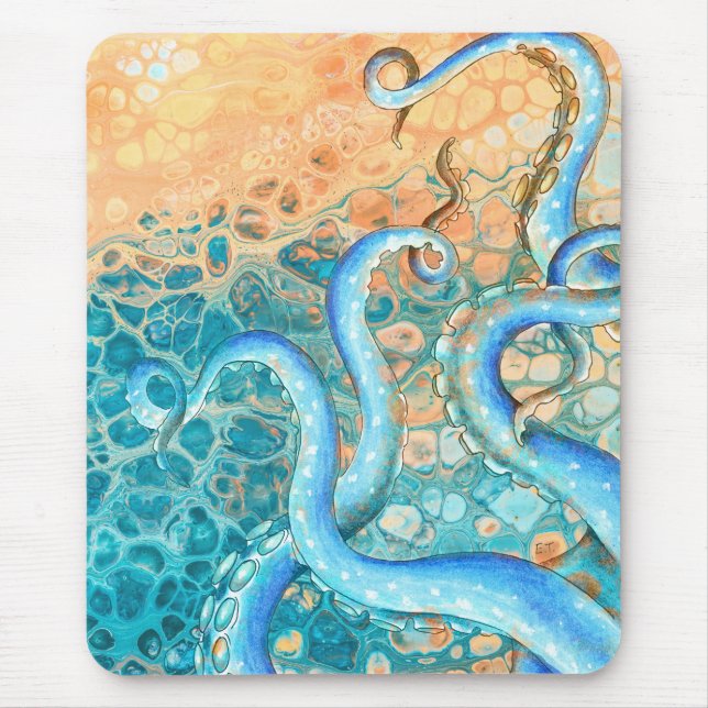 Blue Tentacles Octopus Kraken Abstract Teal Ink Mouse Mat (Front)