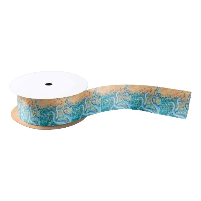 Blue Tentacles Octopus Kraken Abstract Teal Ink Satin Ribbon (Spool)