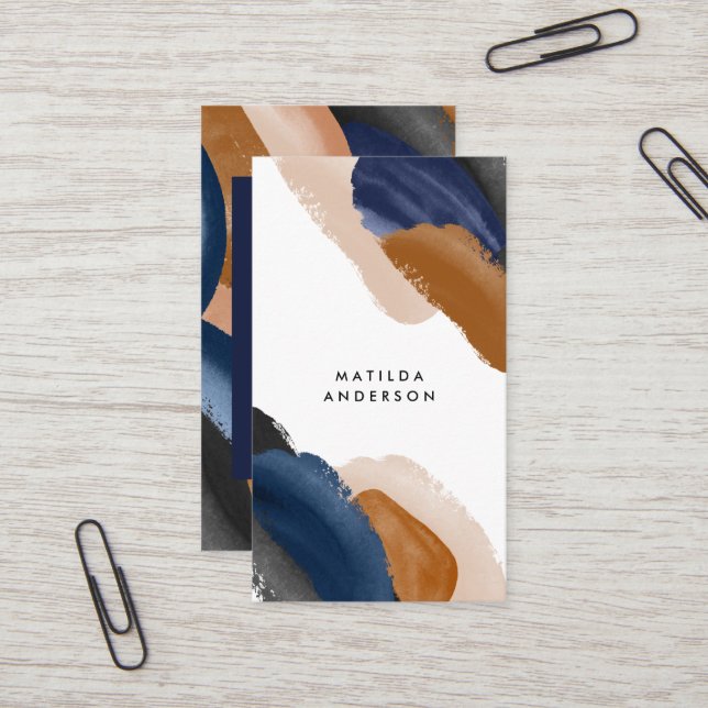 Blue terracotta abstract watercolor modern unique business card (Front/Back In Situ)