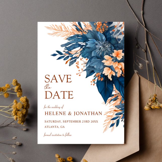 Blue Terracotta Floral Elegant Wedding Save The Date (Blue Terracotta Floral Elegant Wedding Save The Date)