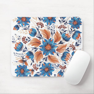 Blue & Terracotta Floral Folk Art Mouse Pad