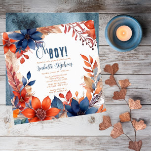 Blue   Terracotta Oh Boy Fall Floral Baby Shower Invitation