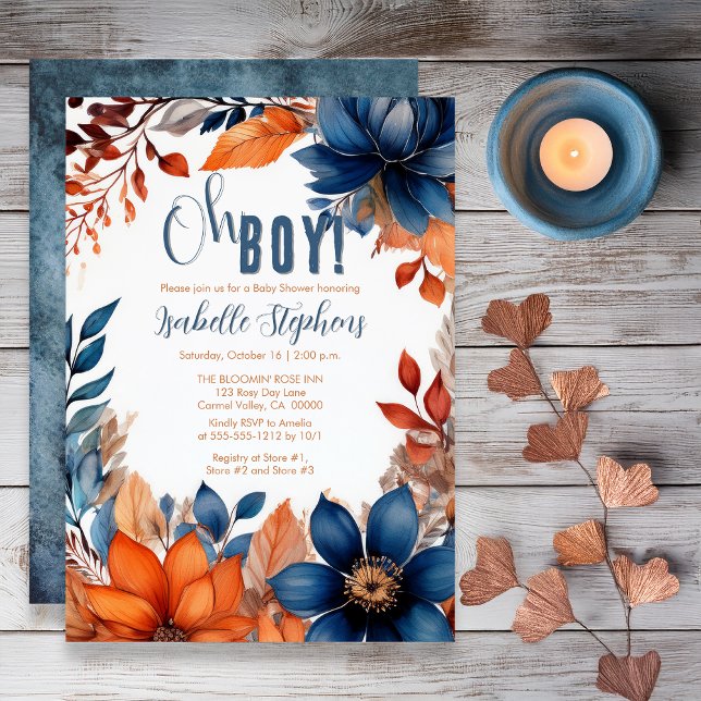 Blue | Terracotta Oh Boy Fall Floral Baby Shower Invitation (Boho Blue and Terracotta Fall |  Autumn Floral "Oh Boy!" Baby Shower Invitation - Print | Digital)